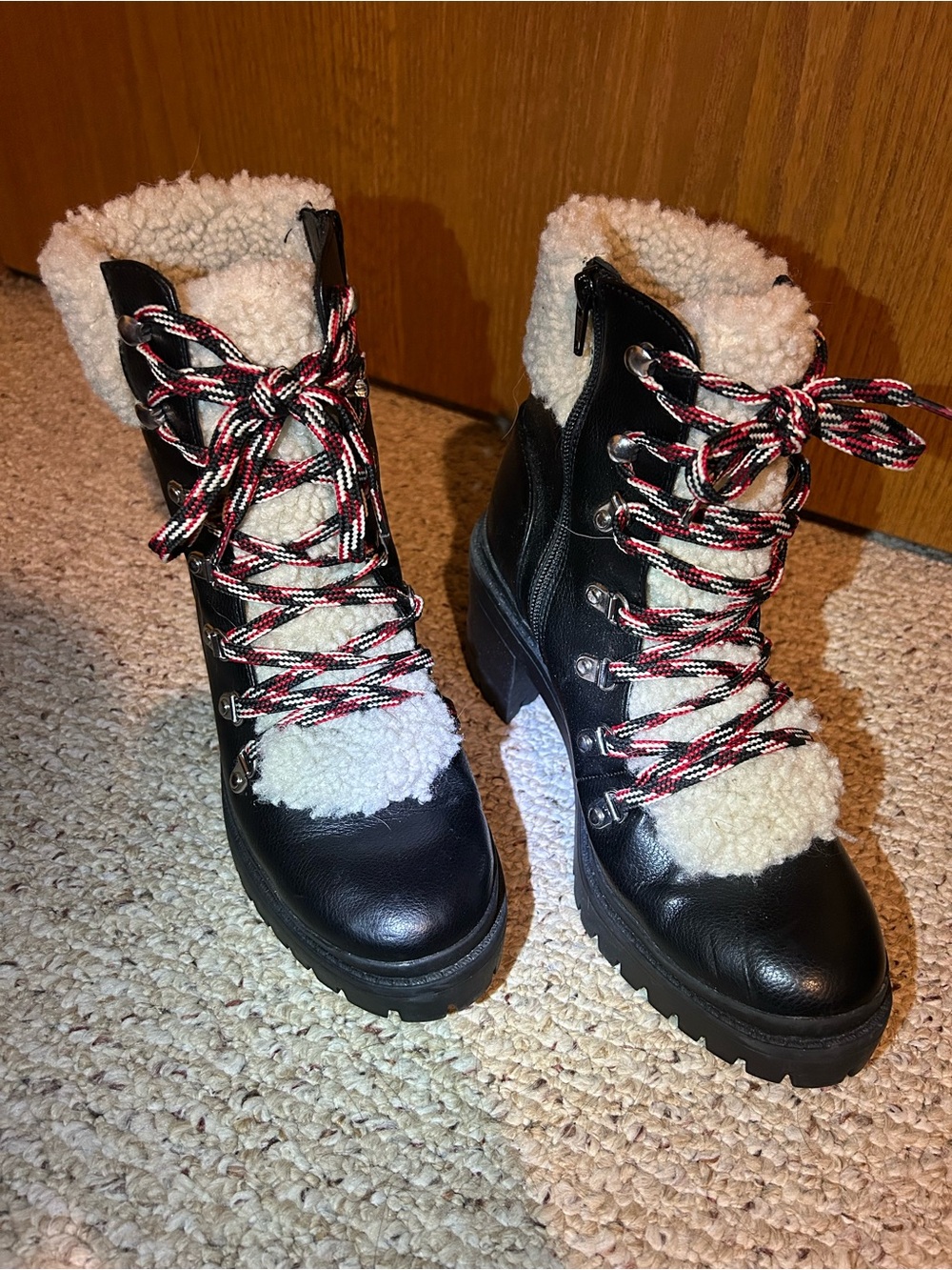Black Shearling-Trim Lace-Up Women’s Boots